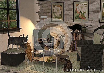 The funny Cat Table, 3D Illustration Stock Photo