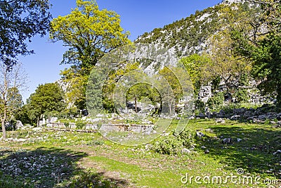 The ancient city of Termessos was built in between two peaks on Gulluk Mountain of Antalya. Stock Photo