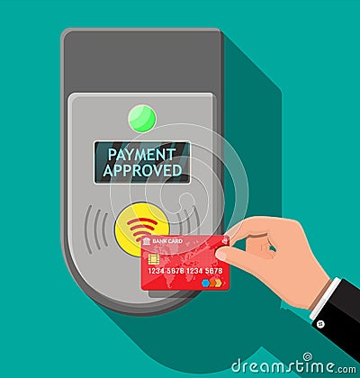 Terminal and bank card in hand. Vector Illustration