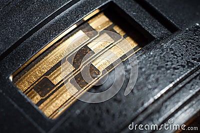 Terminal block for autofocus and image stabilization control on the lens. Stock Photo