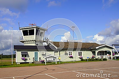 Terminal building and Air traffic control tower of Hagfors Airpot, Sweden. Editorial Stock Photo