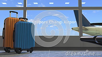 Terminal and commercial airplane revealing Singapore Changi airport text. 3d rendering Stock Photo