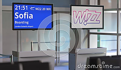 WIZZ AIR flight from London gatwick airport to Sofia. Editorial 3d rendering Editorial Stock Photo