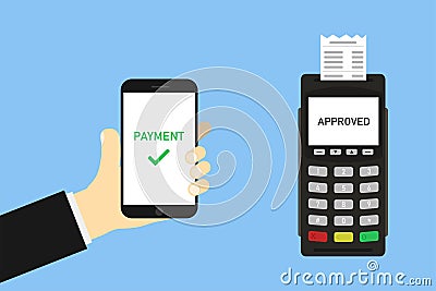 Terminal with hand hanging phone and check on blue background success transaction online payment Vector Illustration