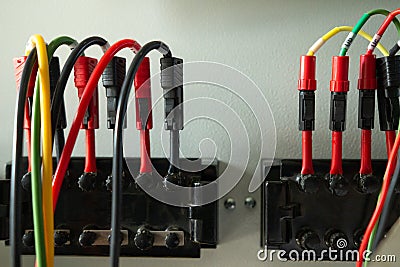 Terminal wires and test blocks for testing relay protections on power stations Stock Photo