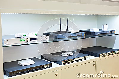 Terminals, switches and routers for optical cable networks in st Stock Photo