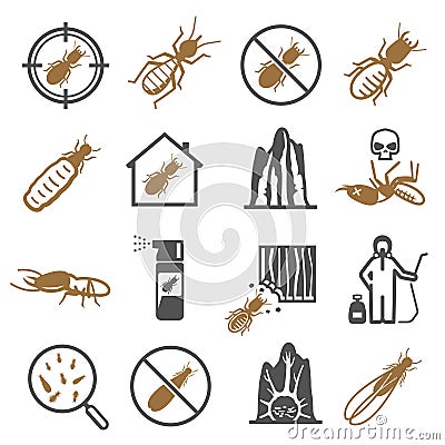 Termites, desinfector, pest control service bold black silhouette and line icons set isolated on white. Vector Illustration