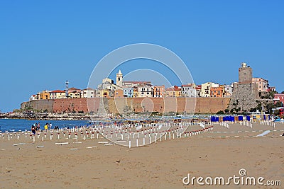 Termoli, Molise, Italy.-06/02/2020 - Prevention rules for social distancing in bathhouse on a sandy beach Editorial Stock Photo