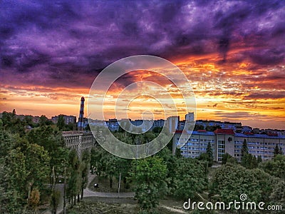 Ternopil city divine sunset. Stock Photo