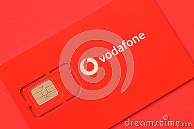 TERNOPIL, UKRAINE - JULY 5, 2022: Vodafone Power SIM mobile card by Vodafone group plc - British multinational telecommunications Editorial Stock Photo