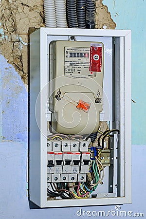 Ternopil, Ukraine November 21, 2021: Electrical cabinet with connectors provides electricity in the house, electrical Editorial Stock Photo