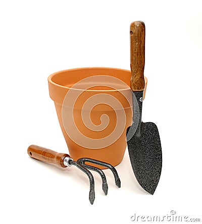 Terra Cotta Pot and Tools Stock Photo