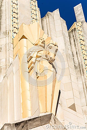 Terra cotta sculpture on the facade of Boston Avenue United Methodist Church in Tulsa, OK Editorial Stock Photo