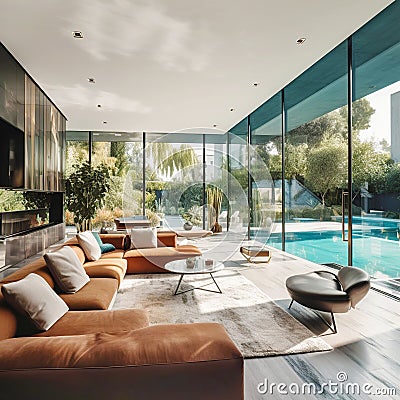 Terra cotta velvet cozy sofa in spacious room with swimming pool view. Interior design of modern living room in luxury cottage. Stock Photo