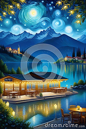 The terrace cafe on a breathtaking lake, with mountain view, starry night of Van Gogh, romantic, nature view Stock Photo