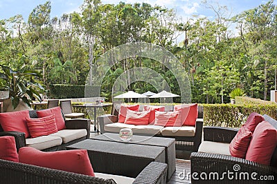 Patio in front of the Australian jungle. Jungle Resort Byron Bay, Australia Stock Photo