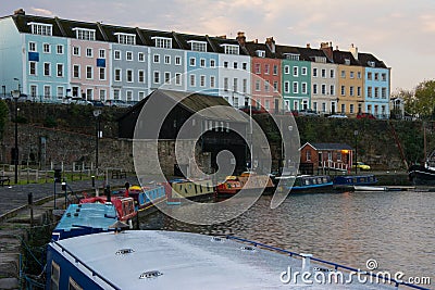 Terrace of Houses and Narrow Boats on Bristol Dockyard Editorial Stock Photo