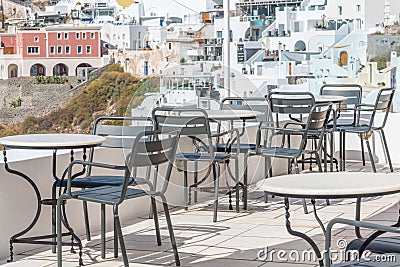 Terrace overlooking caldera of Santorini island in Greece Stock Photo