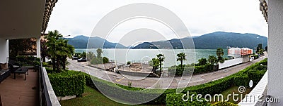 Terrace overlooking the Lake of Ceresio in Switzerland Stock Photo