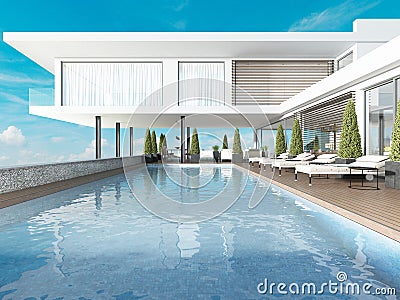 Terrace by the pool with sun loungers near the modern house Stock Photo