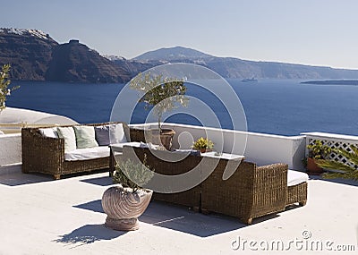Terrace relax in Santorini Stock Photo