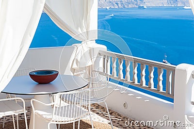 Terrace with view of the caldera in Santorini Stock Photo