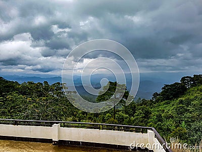 Terrace view plattform point tree rain forest green valey mountain jungle tour pai north chiang mai thailand dark sky Stock Photo