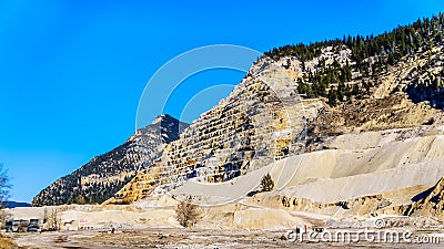The terraced mountain side of a limestone Quarry in Marble Canyon Provincial Park in BC Canada Stock Photo