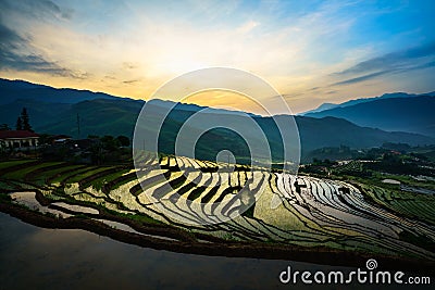 Terraced rice field in morning in water season, the time before starting grow rice in Y Ty, Lao Cai province, Vietnam Stock Photo