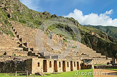 Terraces of Pumatallis at Inca Fortress in Ollantaytambo, Peru Stock Photo