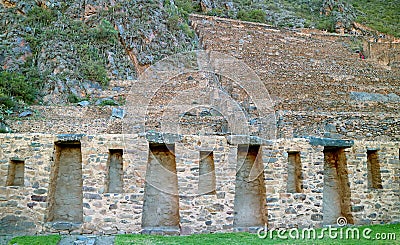 The Terraces of Pumatallis Inside the Ollantaytambo Incas Citadel, Sacred Valley of the Incas, Urubamba, Cusco, Peru Stock Photo