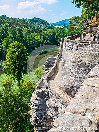 Terraces of Sloup medieval castle situated on the rock spur in northern Bohemia, Czech Republic Stock Photo