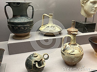 Terracotta amphoras of the weathy elite of Ancient Greece at the British Museum in London Editorial Stock Photo