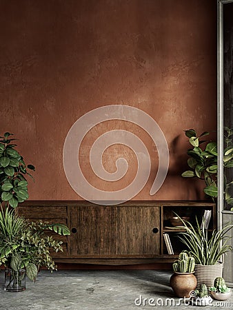 Terracotta orange color interior with plants, dresser, stucco wall and decor. Cartoon Illustration