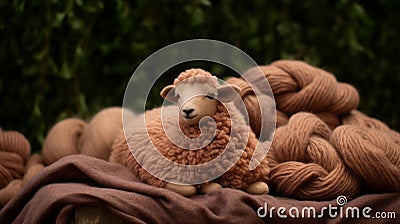 Terracotta Tabletop Photography: Small Wooden Sheep With Lambswool Blanket Stock Photo