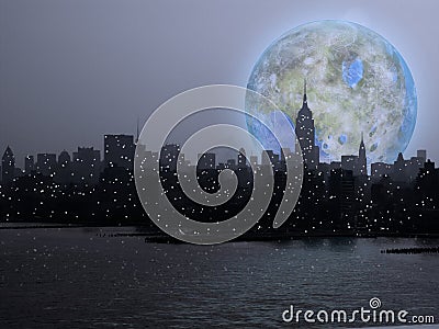 Terraformed moon over Manhattan Stock Photo