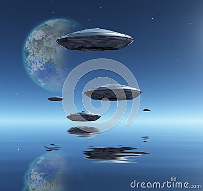 Terraformed Moon and Spacecrafts Stock Photo