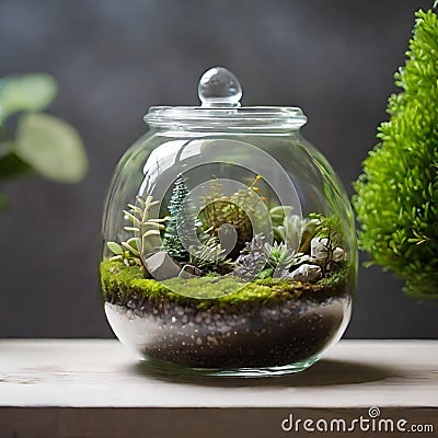 Terrarium jar with little forest and a self ecosystem , Small decoration plants in a glass bowl, Terrarium , terrarium plants Cartoon Illustration