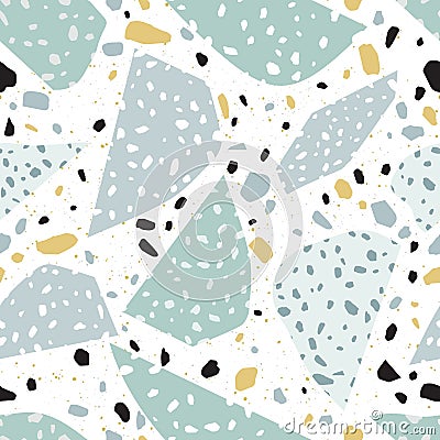 Terrazzo abstract texture or tile. Seamless pattern with blue, yellow and black stone fragments scattered on white Vector Illustration