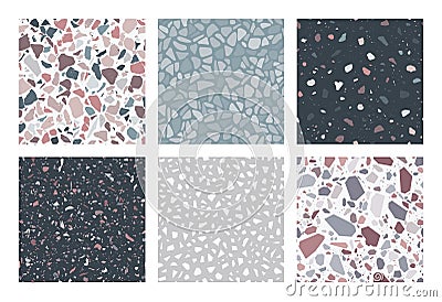 Terrazzo patterns. Set of 6 seamless terrazzo texture patterns. Colorful and trendy abstract backgrounds. Vector Illustration
