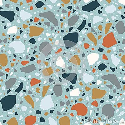 Terrazzo seamless pattern with colorful stone fractions. Natural backdrop with mineral splinters scattered on blue Vector Illustration