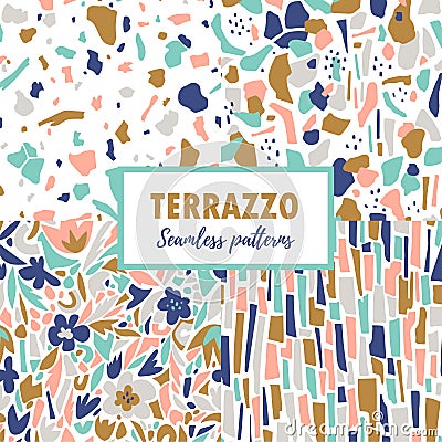 Terrazzo seamless patterns. Set abstract repeat designs. Vector abstract background with chaotic stains. Vector Illustration