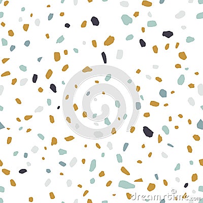 Terrazzo texture or tile. Seamless pattern with blue, yellow and black mineral rock crumb scattered on white background Vector Illustration