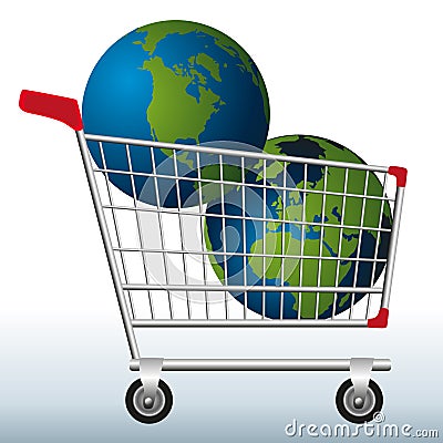 Concept of excessive exploitation of natural resources of the earth with two planets in a shopping cart to symbolize the danger. Stock Photo