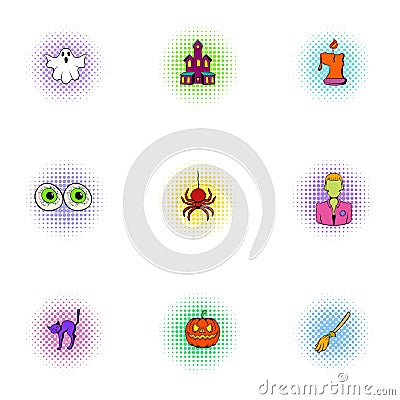 Terrible holiday icons set, pop-art style Vector Illustration