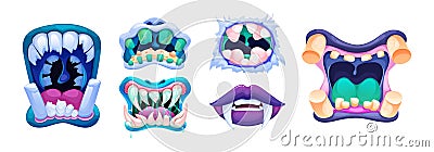 Terrible monster mouths. Scary lips teeth and tongue monsters Vector Illustration