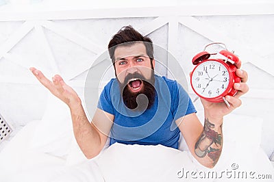 Terrible noise. Turn off ringing. Problem early morning awakening. Why you suffering in mornings. Get up with alarm Stock Photo