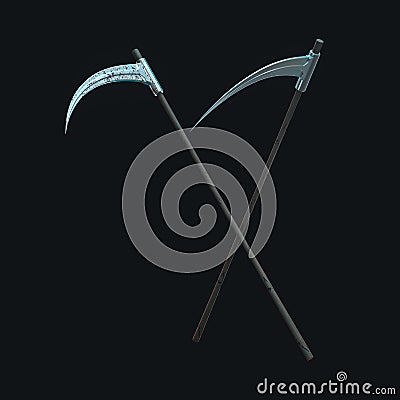 The terrible scythe with dark background, 3d rendering Cartoon Illustration