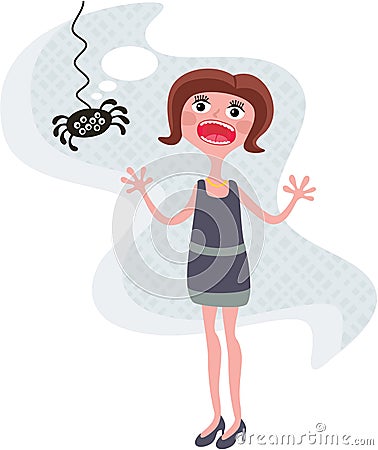 Terrible spider and the shouting girl. Vector Illustration