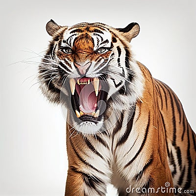 Terrible tiger is angry, growls baring huge fangs, isolated on white Stock Photo